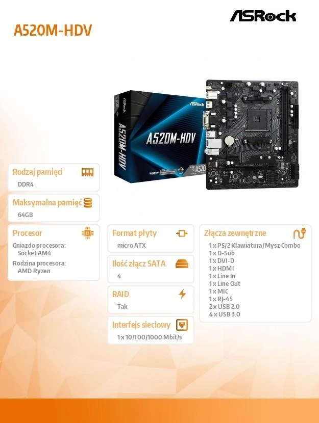 Pagrindinė plokštė ASROCK AMD A520 / SAM4 / MicroATX / 1xPCI-Express 3.0 1x / 1xPCI-Express 3.0 16x / 1xM.2 / Memory DDR4 / Atminties lizdai 2 / 1x15pin D-sub / 1xDVI / 1xHDMI / 2xAudio-In / 1xAudio-Out / 2xUSB 2.0 / 4xUSB 3.2 / 1xPS/2 / 1xRJ45