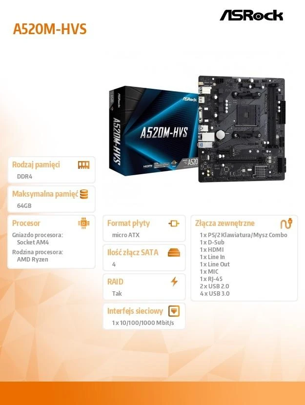 Pagrindinė plokštė ASROCK AMD A520 / SAM4 / MicroATX / 1xPCI-Express 3.0 1x / 1xPCI-Express 3.0 16x / 1xM.2 / Memory DDR4 / Atminties lizdai 2 / 1x15pin D-sub / 1xHDMI / 2xAudio-In / 1xAudio-Out / 2xUSB 2.0 / 4xUSB 3.2 / 1xPS/2 / 1xRJ45