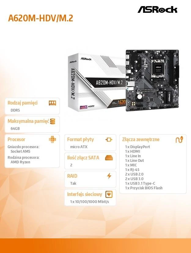 Pagrindinė plokštė ASRock A620M-HDV/M.2/AM5/Micro-ATX/AMD A620