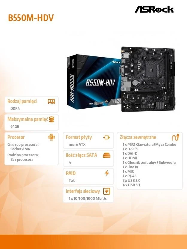 Pagrindinė plokštė ASRock B550M-HDV/AMD B550/AM4/MicroATX/1xPCI-Express 3.0 1x/1xM.2/1xPCI-Express 4.0 16x/Atmintis DDR4/Atminties lizdai 2/1x15pin D-sub/1xDVI/1xHDMI/2xUSB 2.0/4xUSB 3.2/1xPS/2/1xRJ45/3xAudio port