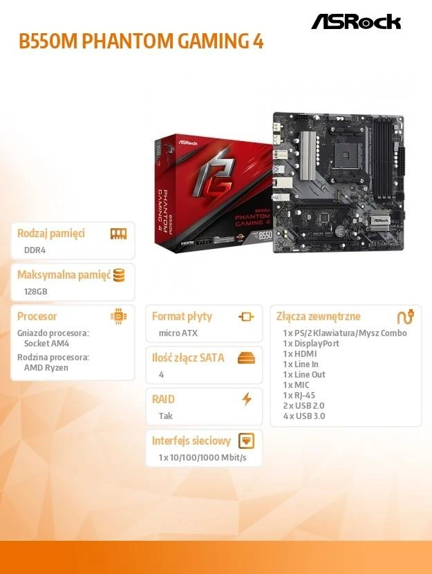 Pagrindinė plokštė ASROCK AMD B550 / SAM4 / MicroATX / 1xPCI-Express 3.0 1x / 1xPCI-Express 3.0 4x|2xM.2 / 1xPCI-Express 4.0 16x / Memory DDR4 / Atminties lizdai 4 / 1xHDMI / 1xDisplayPort / 2xAudio-In / 1xAudio-Out / 2xUSB 2.0 / 4xUSB 3.2 / 1xPS/2 / 1xRJ45