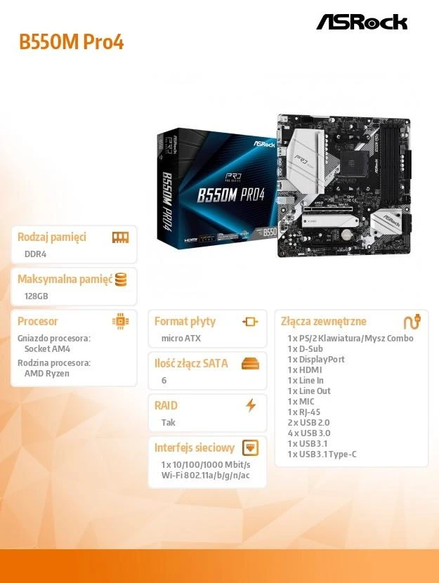 Pagrindinė plokštė ASRock B550M Pro4/AMD B550/AM4/MicroATX/1xPCI-Express 3.0 1x/1xPCI-Express 3.0 16x/1xM.2/1xPCI-Express 4.0 16x/Memory DDR4/Atminties lizdai 4/1x15pin D-sub/1xHDMI/1xDisplayPort/2xUSB 2.0/1xUSB type C/5xUSB 3.2/1xPS/2/1xRJ45/3xAudio port|