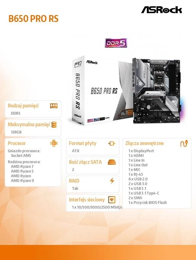 Pagrindinė plokštė ASROCK B650 PRO RS ATX MB AM5 4xDIMM DDR5