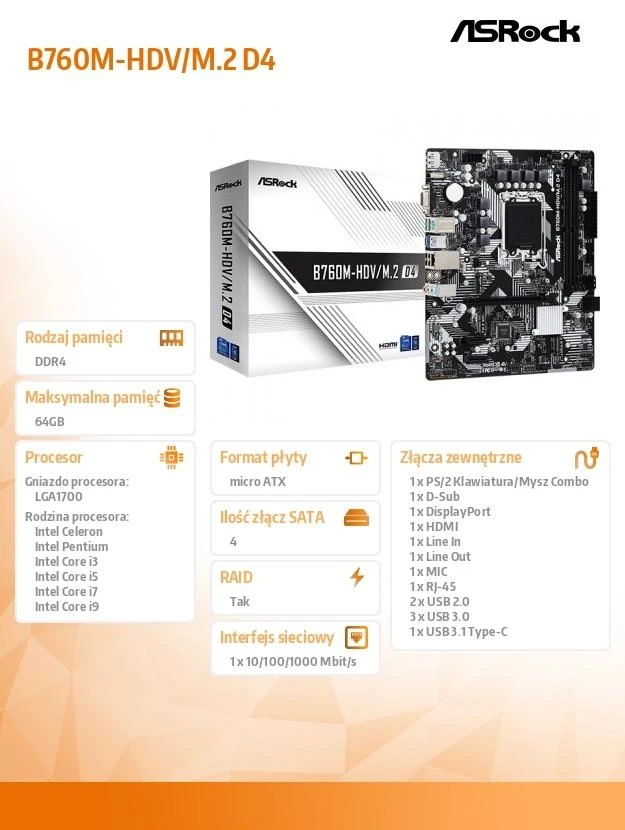 Pagrindinė plokštė ASRock B760M-HDV/M.2 D4/LGA1700/Micro-ATX/Intel B760