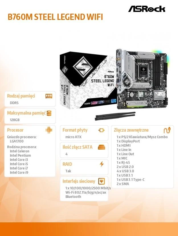 Pagrindinė plokštė ASROCK Intel B760 Express, LGA1700, Micro-ATX, Atmintis DDR5, Atminties lizdai 4, 1xPCI-Express 4.0 1x, 1xPCI-Express 5.0 16x, 4xM.2, 1xHDMI, 1xDisplayPort, 2xUSB, 2xUSB, 2x,3. 1xPS/2, 1xRJ45, 3xgarso prievadas, B760MSTEELLEGENDWIFI