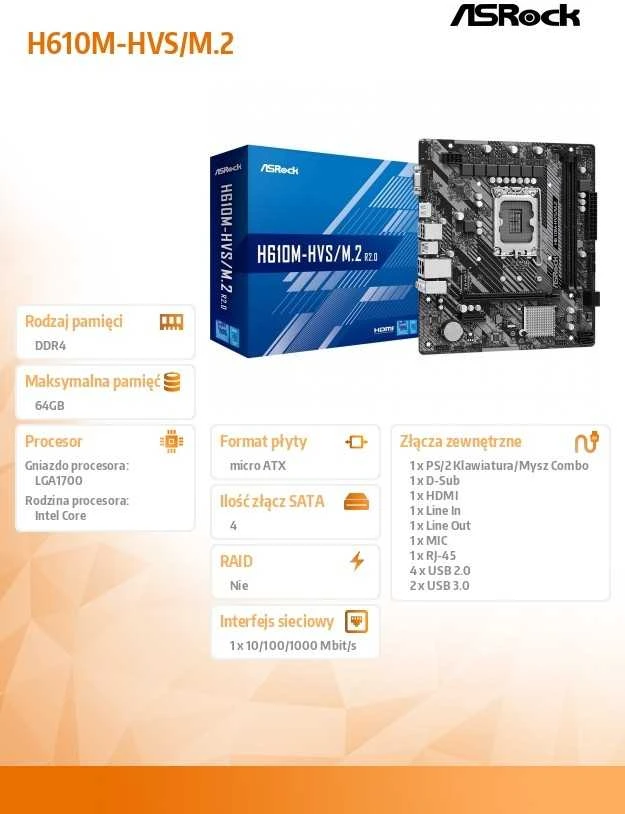 Pagrindinė plokštė ASROCK Intel H610/LGA1700/MicroATX/Memory DDR4/Atminties lizdai 2/1xPCI-Express 3.0 1x/1xPCI-Express 4.0 16x/1xM.2/1x15pin D-sub/1xHDMI/1xAudio-In/1xAudio-Out/1xMikrofonas/4xUSB 2.0/2xUSB 3.2