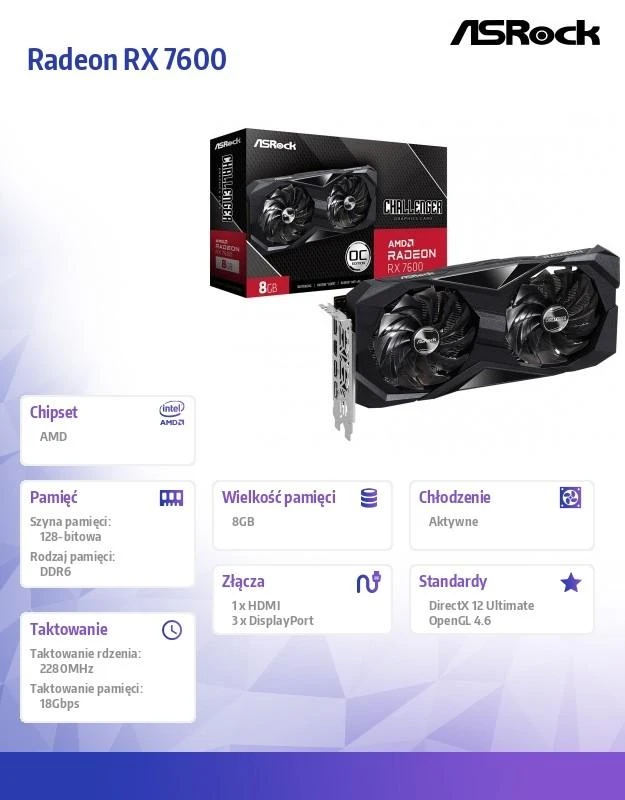 Grafikos plokštė ASROCK AMD Radeon RX 7600 8 GB GDDR6 128 bit PCIE 4.0 8x GPU 1770 MHz Dual Slot Fansink 1xHDMI 3xDisplayPort RX7600CL8GO