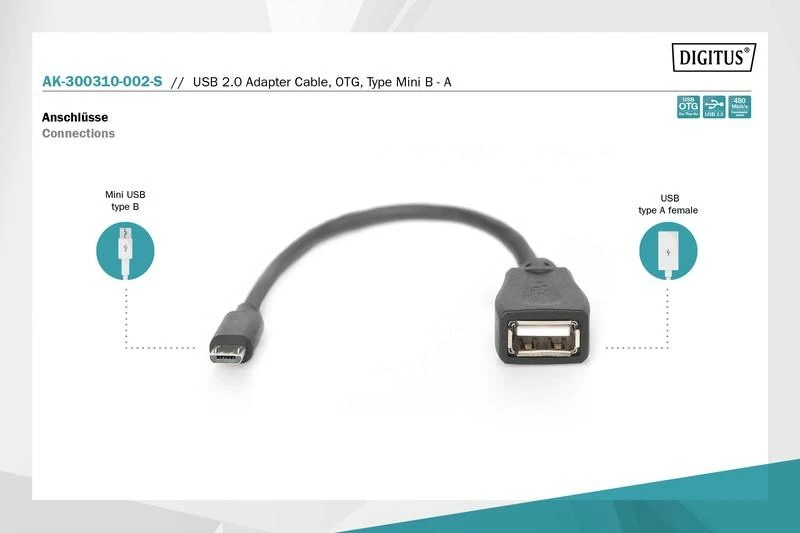 Assmann Electronic ASSMANN USB 2.0 adapterio kabelis OTG tipo mini B - A M/F 0.2m USB 2.0 atitinka bl