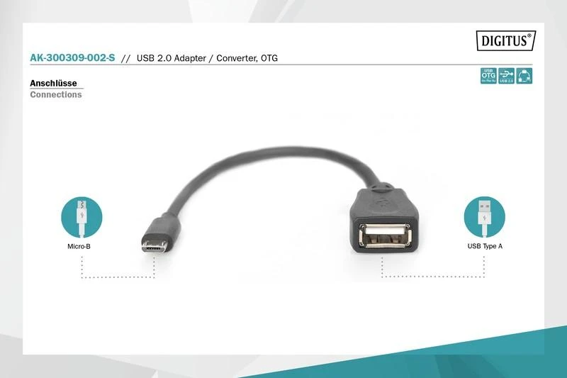 Assmann Electronic ASSMANN OTG kabelis USB micro-B St iki USB-A Bu 20cm
