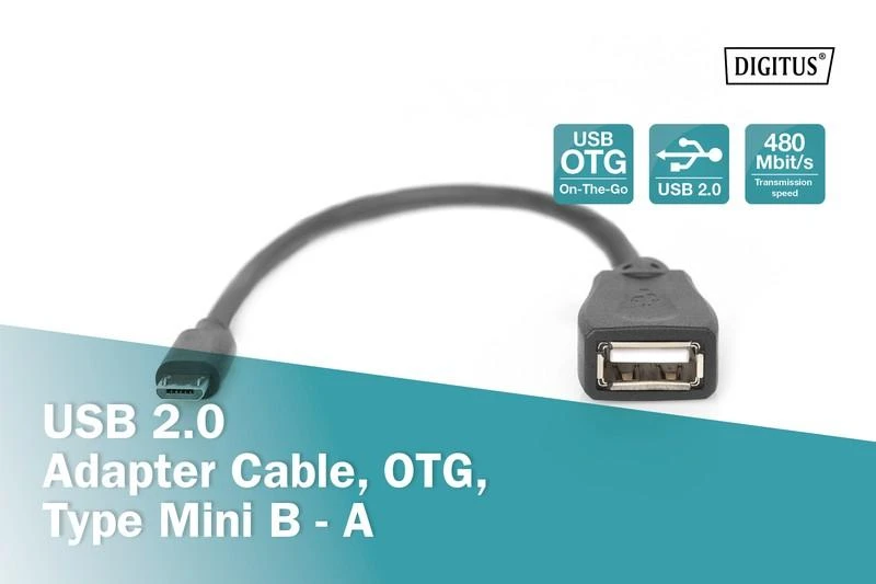 Assmann Electronic ASSMANN USB 2.0 adapterio kabelis OTG tipo mini B - A M/F 0.2m USB 2.0 atitinka bl