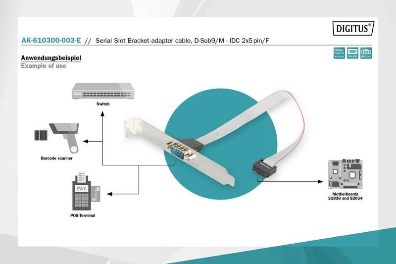 Premiumcord DIGITUS Serial Slot Bracket Bracket adapterio kabelis, DB9, D-Sub9/M - IDC 2x5pin/F, 0,25m, AK-610300-003E