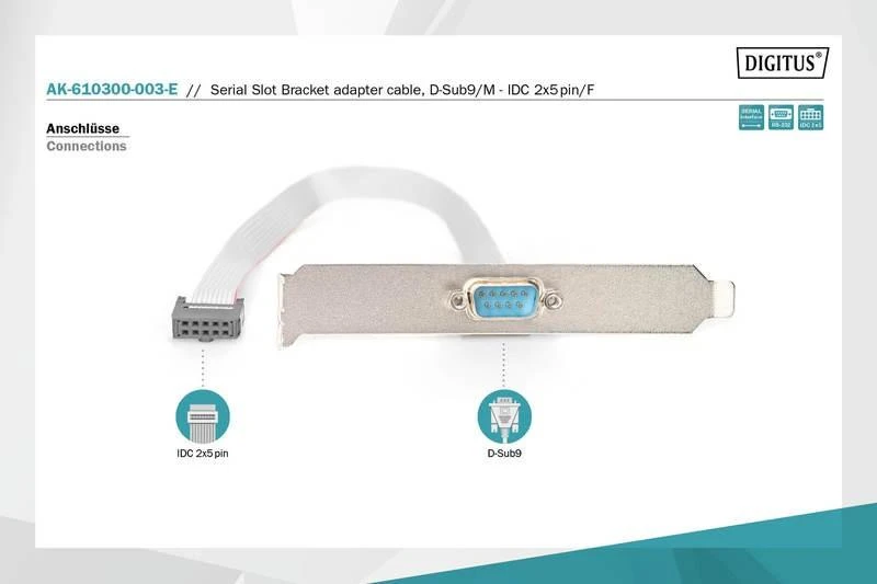 Premiumcord DIGITUS Serial Slot Bracket Bracket adapterio kabelis, DB9, D-Sub9/M - IDC 2x5pin/F, 0,25m, AK-610300-003E