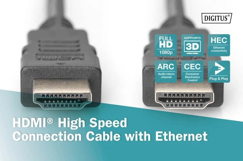 Assmann Electronic ASSMANN HDMI laidas didelės spartos su eternetu 2m 2xHDMI Typ A kištukas 19Pol masinis Full HD 3D