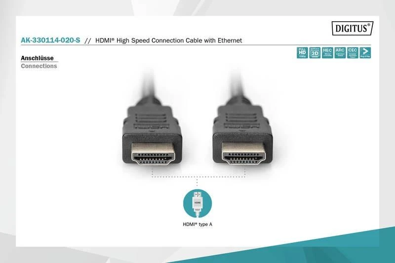 Assmann Electronic ASSMANN HDMI laidas didelės spartos su eternetu 2m 2xHDMI Typ A kištukas 19Pol masinis Full HD 3D