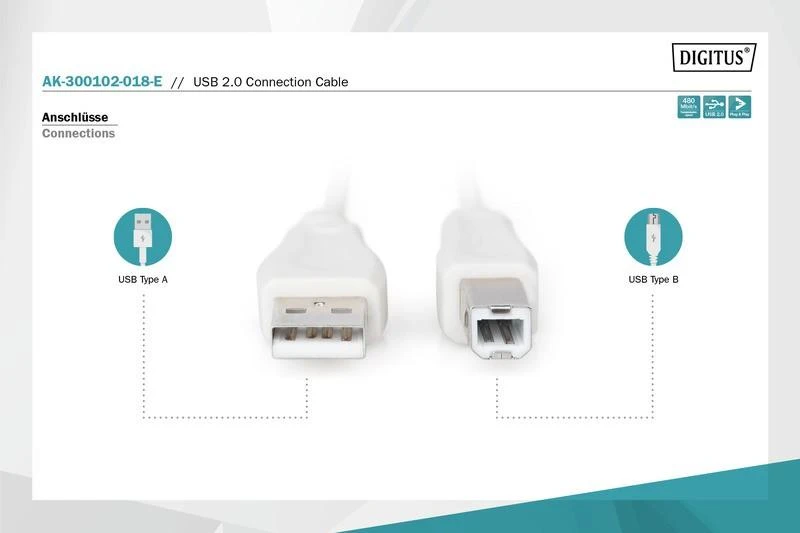 Assmann Electronic ASSMANN USB2.0 kabelis 1,8m USB A zu USB B masinis smėlio spalvos