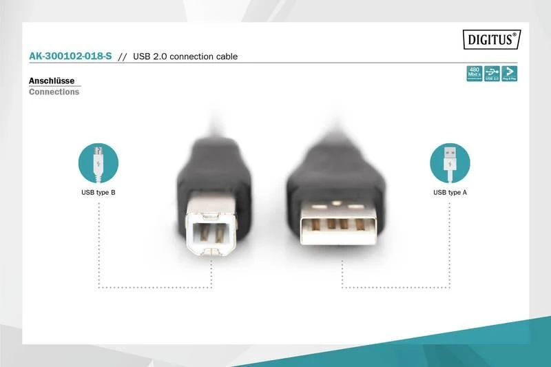 Assmann Electronic Kabelis USB 2.0 (A - B) juodas, 1.8m