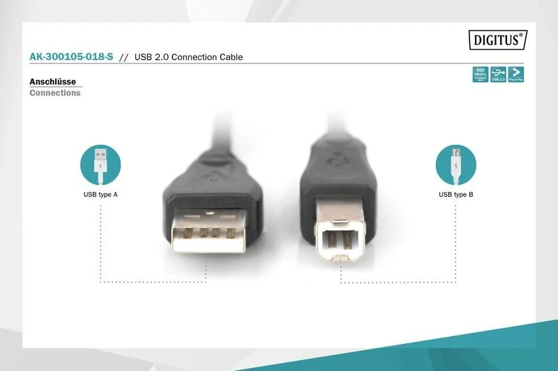 Assmann Electronic Digitus USB 2.0 HighSpeed jungties laidas USB A/USB BM/M 1.8m Juodas