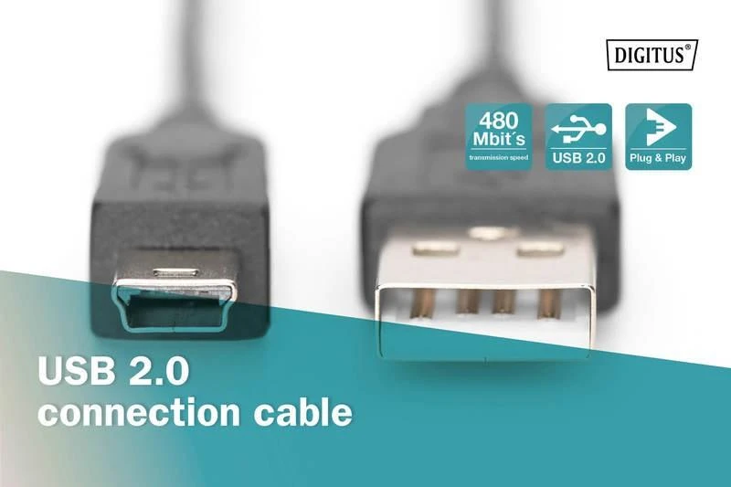 Assmann Electronic ASSMANN USB 2.0 jungties kabelis tipas A - mini B 5pin M/M 1.0m USB 2.0 atitinka UL bl