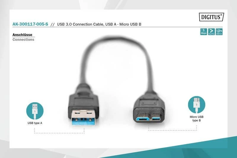 Assmann Electronic ASSMANN USB 3.0 jungties kabelis USB A - Micro USB B M/M 0.5m USB 3.0 atitinka bl