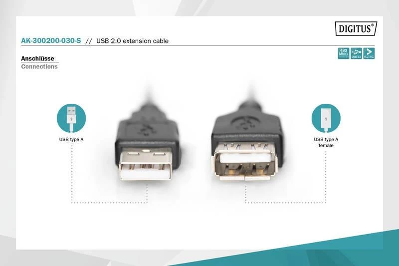 Assmann Electronic DIGITUS AK-300200-030-S USB 2.0 HighSpeed ilgintuvas USB A M kištukas /USB A F lizdas 3m juodas