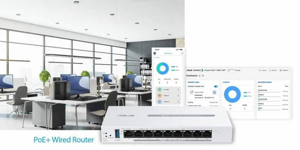 Asus | 9 prievadų gigabito „PoE+“ VPN, laidinis, maršrutizatorius | EBG19P | 802.11ac | Ethernet LAN (RJ-45) jungtys 8 | Tinklo palaikymas: Taip | MU-MiMO: Ne | 5G | Antenos tipas: Vidinė