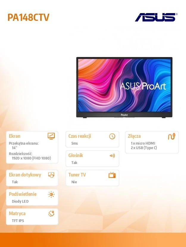 Monitorius ASUS ProArt PA148CTV, 14", 1920x1080, 60Hz, 5ms