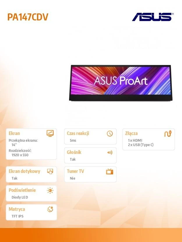 Monitorius ASUS ProArt PA147CDV, 14", 1920x550, 60Hz, 5ms
