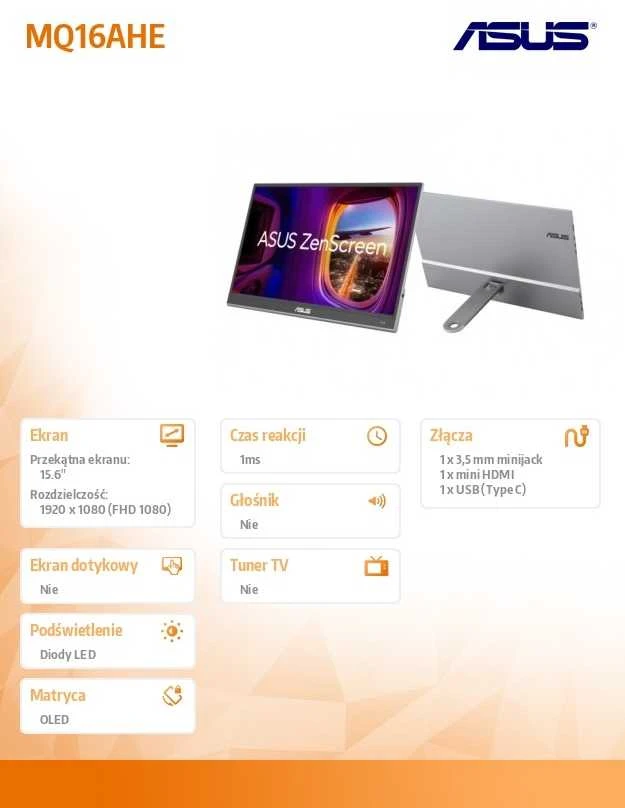ASUS ZenScreen OLED MQ16AHE nešiojamas monitorius 15.6" FHD OLED 16:9 60Hz 400cd/m2 1ms HDMI USB-C Juodas+Gray
