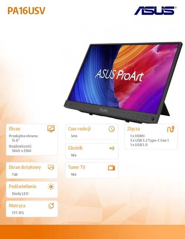Monitorius ASUS ProArt PA16USV - 60Hz | 4K | IPS | 15.6''