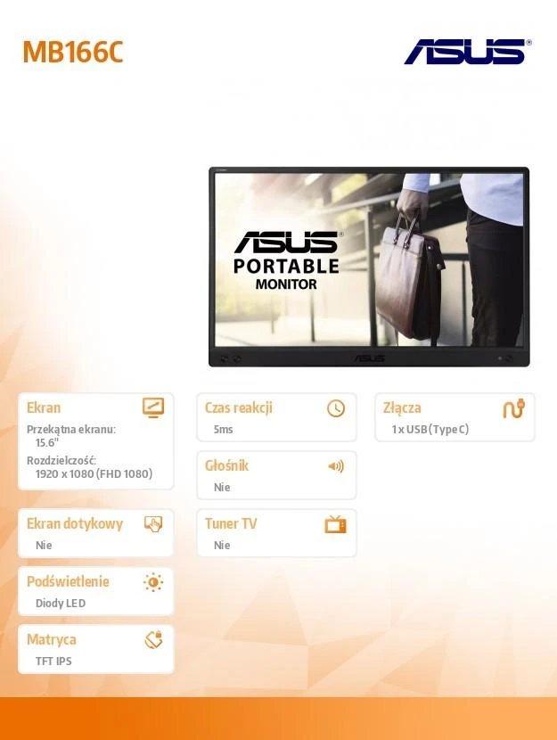 Monitorius ASUS MB166C, 15.6", 1920x108, 60Hz, IPS, 5ms