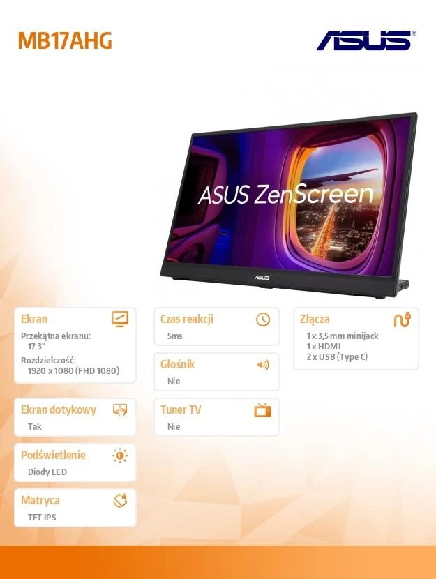 Monitorius ASUS ZenScreen MB17AHG - 17,3'' | IPS | Full HD | 144Hz