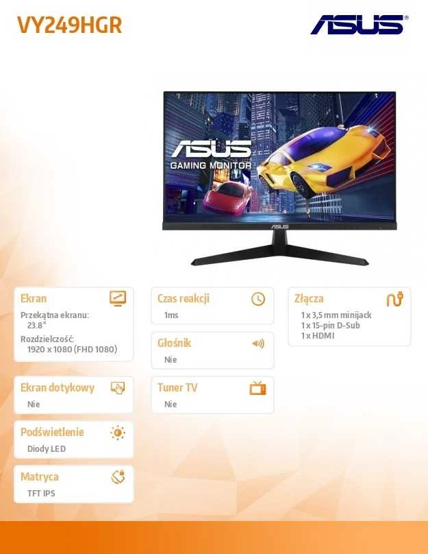 Monitorius Asus | VY249HGR | 23.8 " | IPS | 16:9 | 120 Hz | 1 ms | 1920 x 1080 pikselių | 250 cd/m² | HDMI jungtys quantity 1