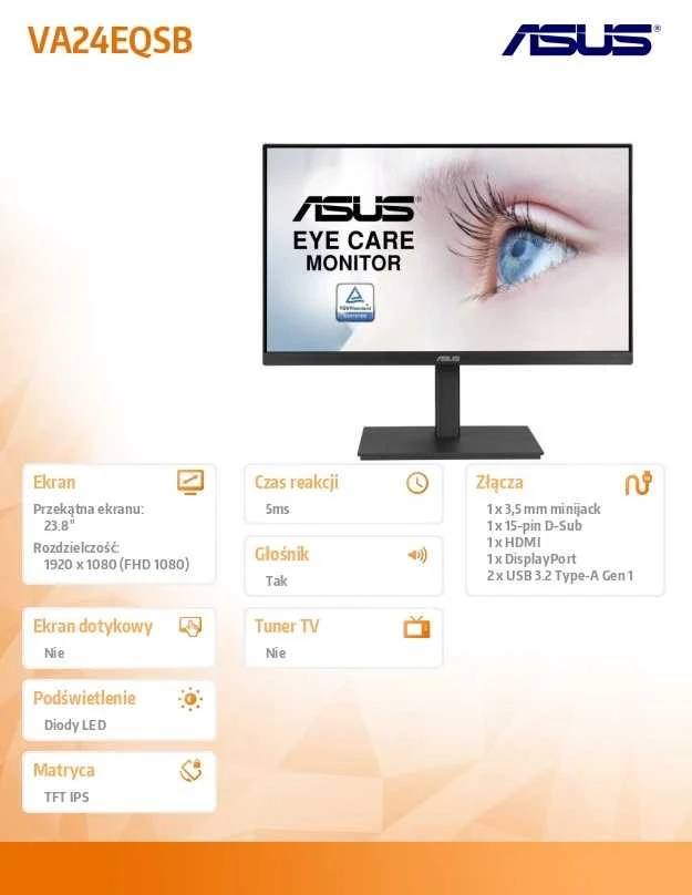 ASUS 23.8? 1080P MONITORIUS (VA24EQSB) – FULL HD, IPS, 75HZ, VIDUOTI GARSIAKARIAUSIAI, AKIŲ PRIEŽIŪRA, ŽEMAS Mėlyno ŠVIESA, BE BIRGOJIMO, MONTAVIMAS VESA, AUKŠČIO REGULIAVIMAS, BE RĖMŲ, EKRANAS, USB TRANSPORTAS, HDMI, VGA