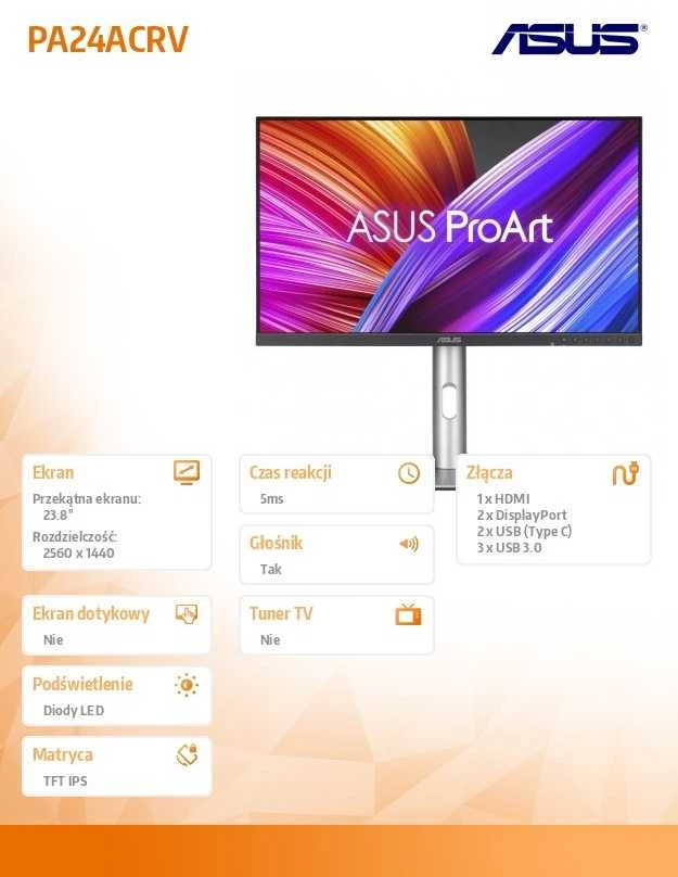 Monitorius ASUS ProArt PA24ACRV, 23.8", 2560x1440, 75Hz, IPS, 5ms