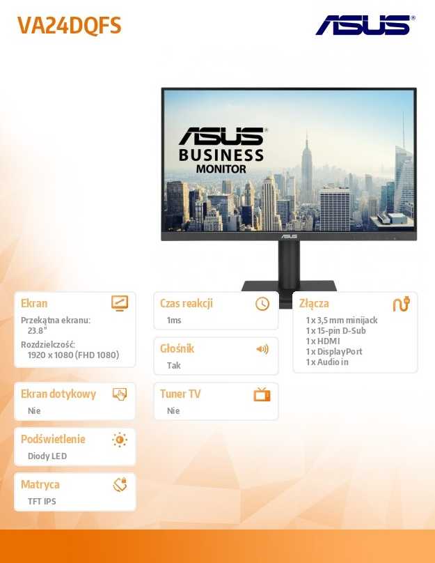 Monitorius ASUS VA24DQFS 23,8 colio IPS WLED FHD 16:9 100Hz 300cd/m2 1ms HDMI DP D-Sub 2xUSB 3.2 G1 Type-A 2x2W Garsiakalbiai Juodas