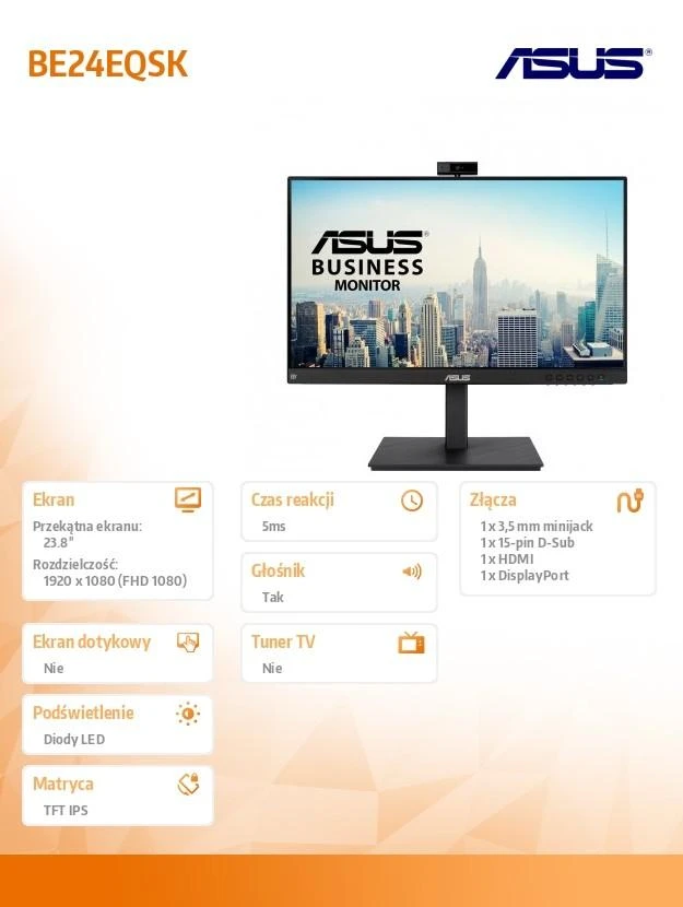 Monitorius ASUS BE24EQSK vaizdo konferencijos 23,8 colio WLED IPS FHD 1920x1080 16:9 1000:1 300cd/m2 internetinė kamera Mic 1xHDMI 1xDP