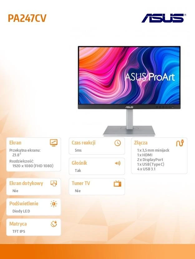 Monitorius ASUS ProArt PA247CV, 23.8", IPS, 1920x1080, 16:9, 5 ms, 75 Hz
