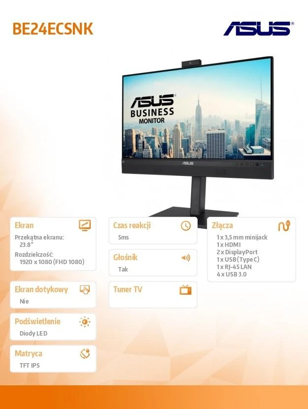 ASUS Business BE24ECSNK 24 colių 1920x1080 FHD IPS Monitorius 16:9 interneto kamera Mic DP HDMI 80W USBC MiniPC priedas