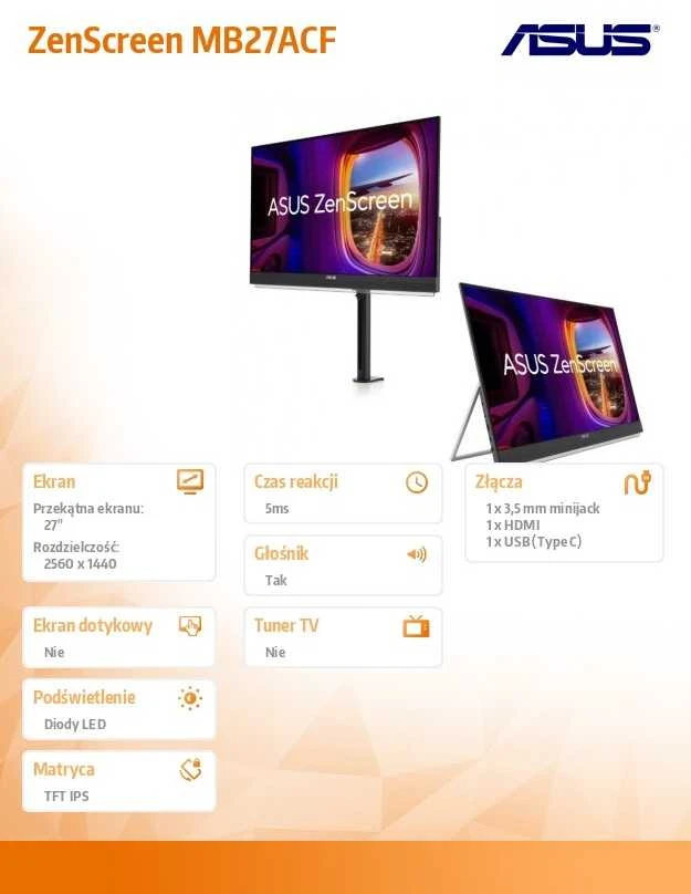 Monitorius ASUS ZenScreen MB27ACF - 100Hz | QHD | 27'' | IPS | 5ms