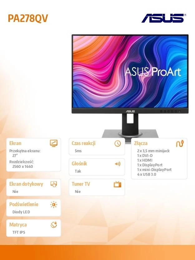 Monitorius Asus ProArt PA278QV, 27", IPS, WQHD (2560x1440), 5 ms, 75 Hz, 350 cd/m²