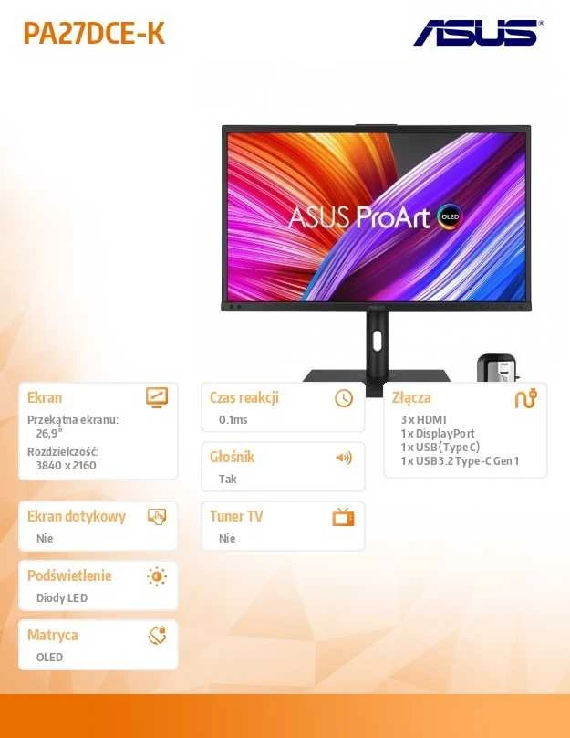 Monitorius ASUS ProArt PA27DCE-K, 27", OLED, 3840 x 2160, 60 Hz, 0.1 ms