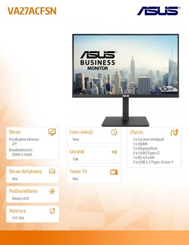 ASUS VA27ACFSN Docking Monitorius 27inch IPS WLED 2560x1440 16:9 100Hz 350cd/m2 5ms HDMI DP USB-C DP Alt Mode 3xUSB 3.2 Gen 1 Type-A