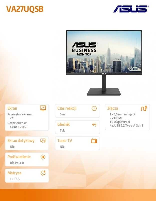 Monitorius ASUS VA27UQSB 27 colių IPS WLED plokščias UHD 16:9 60Hz 350cd/m2 5ms 2xHDMI DP USB šakotuvas: 4xUSB 3.2 Gen 1 Type-A 2x2W Juodas