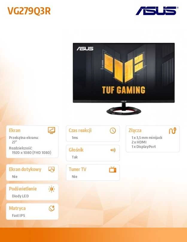 Monitorius ASUS TUF Gaming VG279Q3R 27 colių IPS WLED FHD 16:9 greitas 180Hz 250cd/m2 1ms 2xHDMI DP 2x2w garsiakalbiai
