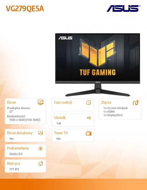 Monitorius ASUS TUF Gaming VG279QE5A - 144Hz | Full HD | 27" | IPS | 1ms