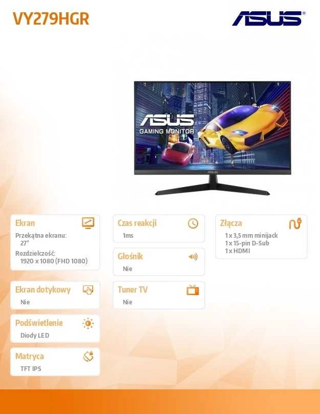 Monitorius ASUS VY279HGR Eye Care Gaming 27 colių IPS WLED FHD 16:9 120Hz 250cd/m2 1ms HDMI D-Sub Juodas