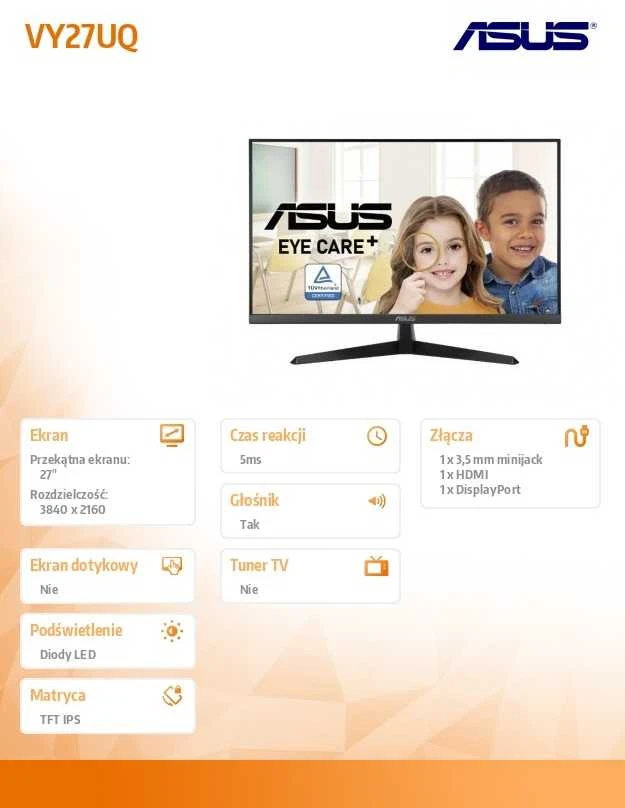 ASUS VY27UQ Eye Care Monitorius 27 colių IPS WLED UHD 16:9 60Hz 350cd/m2 5ms 2xHDMI DP 2x2W Juodas