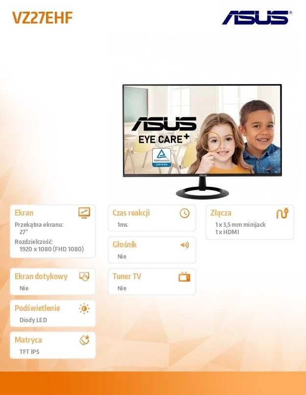 ASUS VZ27EHF Eye Care Gaming Monitorius 27 colių IPS WLED 1920x1080 16:9 100Hz 250cd/m2 1ms HDMI