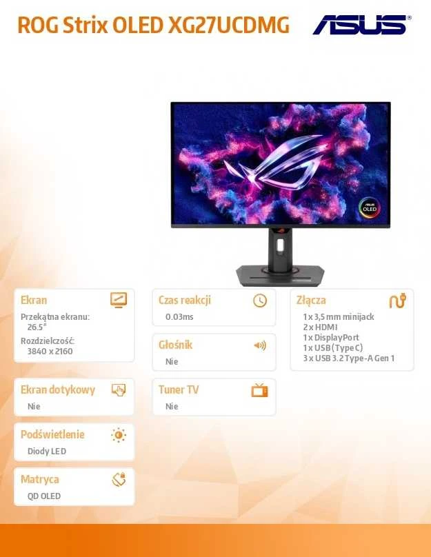 Monitorius ASUS ROG Strix XG27UCDMG - 240Hz | 4K | 26.5'' | QD OLED | 0.03ms