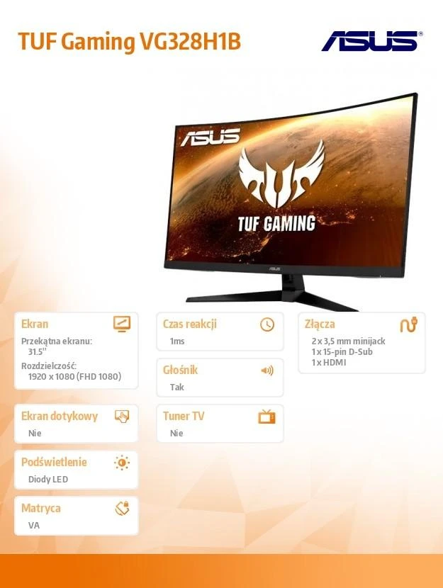 Monitorius ASUS TUF Gaming VG328H1B 31.5inch/FHD/165Hz/FreeSync Premium/ 1ms/ Curved